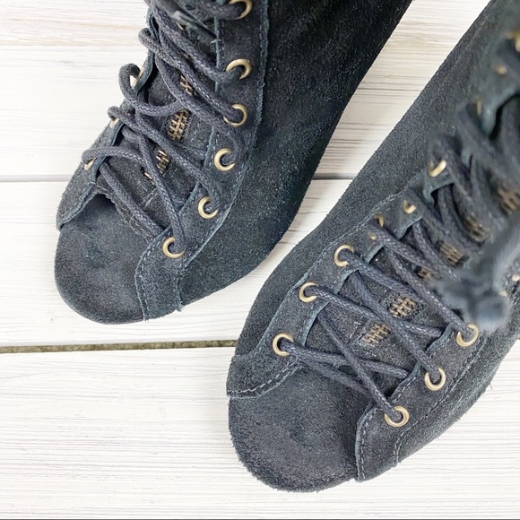 Joie Black Suede Lace Up Peep Toe Wedge Booties 39 - Picture 3 of 8
